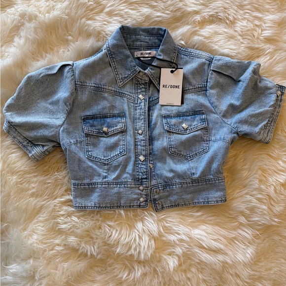 Re/Done Blue Crop Top with Short Sleeves - Picture 4 of 6